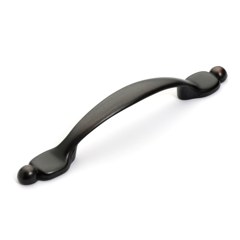 Ball tip furniture pull in oil rubbed bronze finish with three inch hole spacing and flat handle