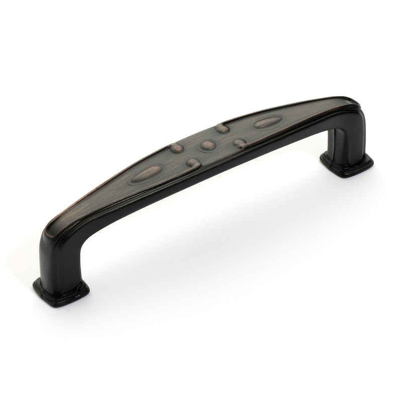 Basic drawer handle pull with slightly raised edges and drops emboss on the surface in oil rubbed bronze finish