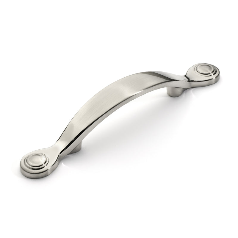 Bridge shaped arch drawer handle pull in satin nickel finish with three inch hole spacing