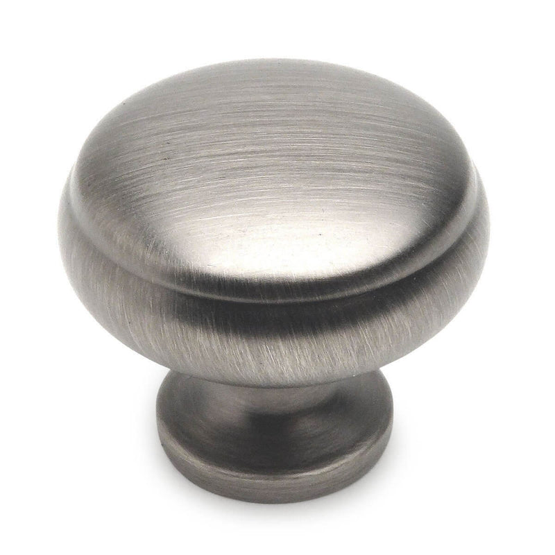 Antique silver round drawer knob with subtle beveled lip on the top