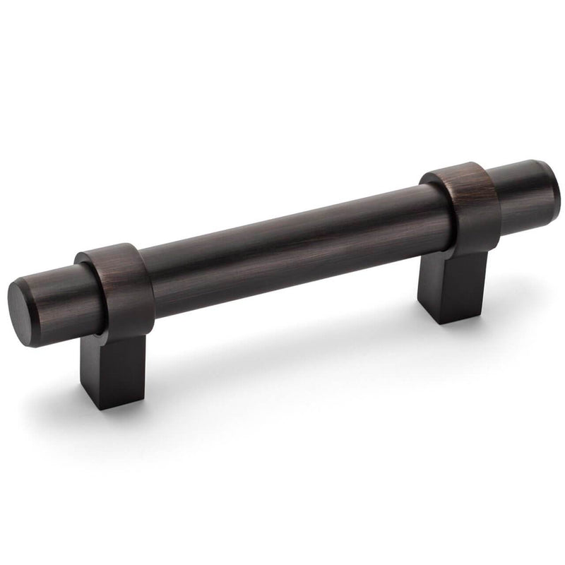 Oil rubbed bronze euro style bar pull with three and three quarters inch hole spacing