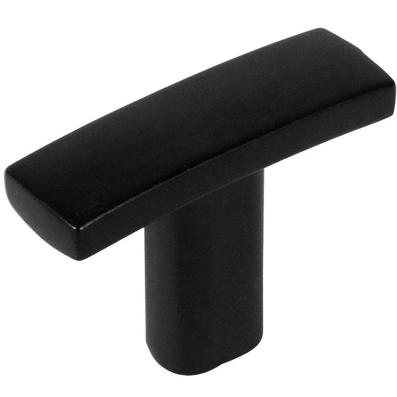 Flat black subtle arch drawer t knob with one and seven sixteenths inch length
