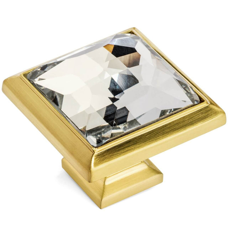 Square crystal look cabinet drawer knob in brushed brass finish