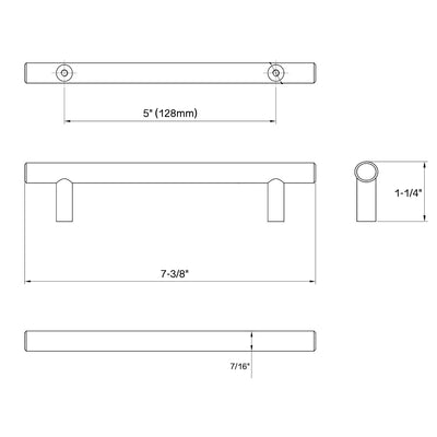 Diagram of dimensions of cabinet pull in antique brass finish with euro and clean style