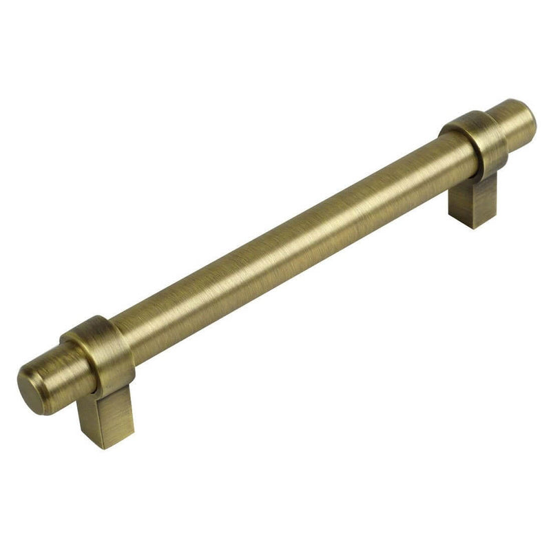 Brushed antique brass euro style bar pull with six and five sixteenths inch hole spacing