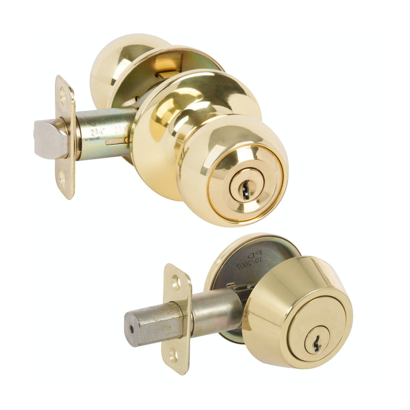 Ashland Polished Brass Entry Knob with Matching Single Cylinder Deadbolt Combo Pack
