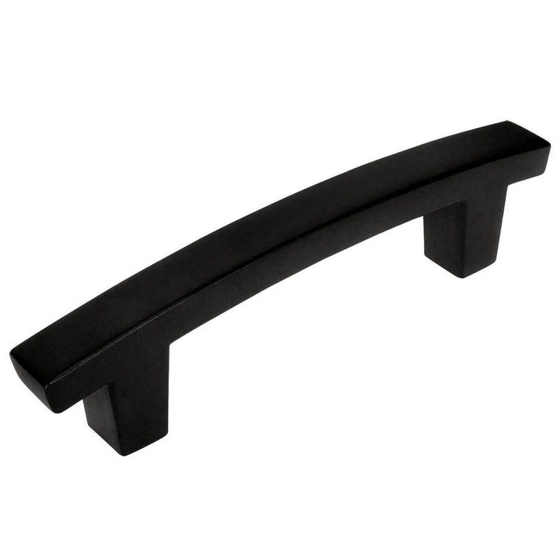 Flat thick cabinet pull in flat black finish with three and a half inch hole spacing