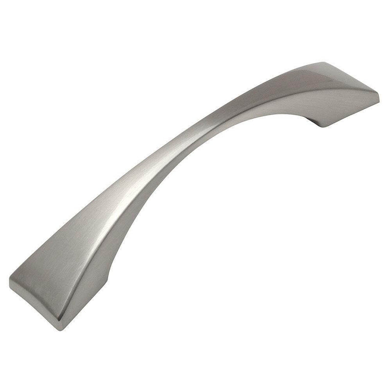 Three and three quarters inch hole spacing cabinet drawer pull with slimmed down centre design in satin nickel finish