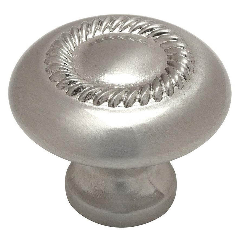 Satin nickel round cabinet knob with rope design and one and a quarter inch diameter