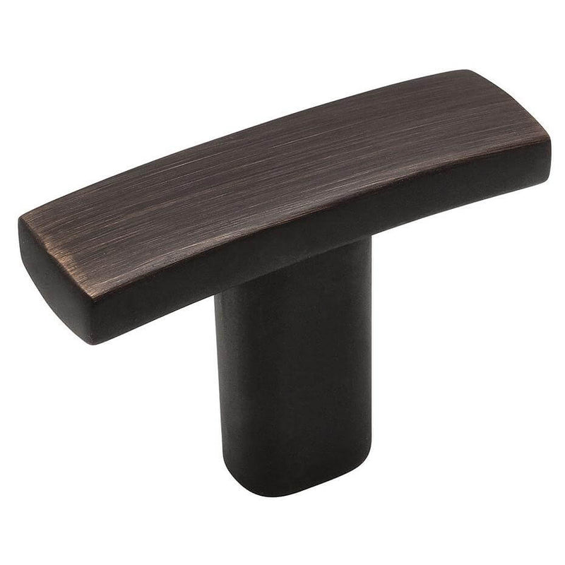 Oil rubbed bronze t knob with subtle arch design and one and seven sixteenths inch length