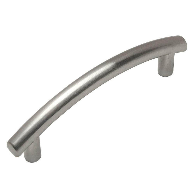 Short cabinet pull in satin nickel finish with subtle arch design