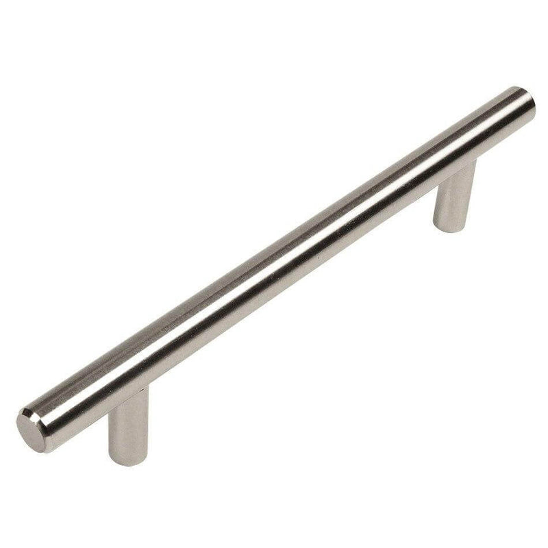Satin nickel euro style bar pull with six and five sixteenths inch hole spacing