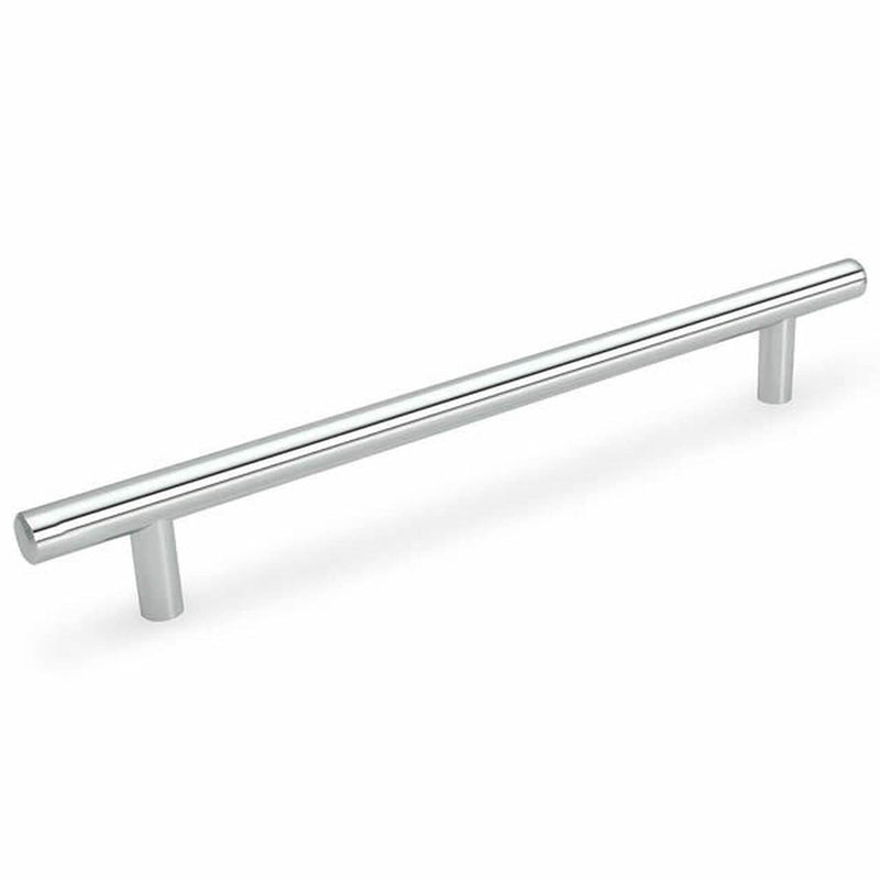 Polished chrome euro style bar pull with six and five sixteenths inch hole spacing