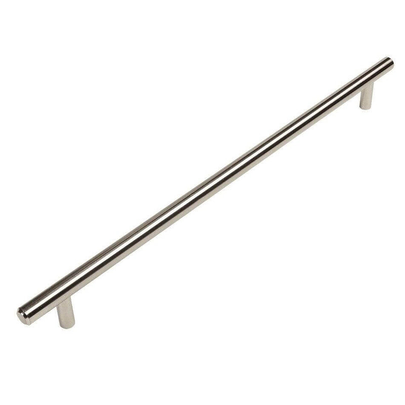 Satin nickel euro style bar pull with twelve and five eighths inch hole spacing