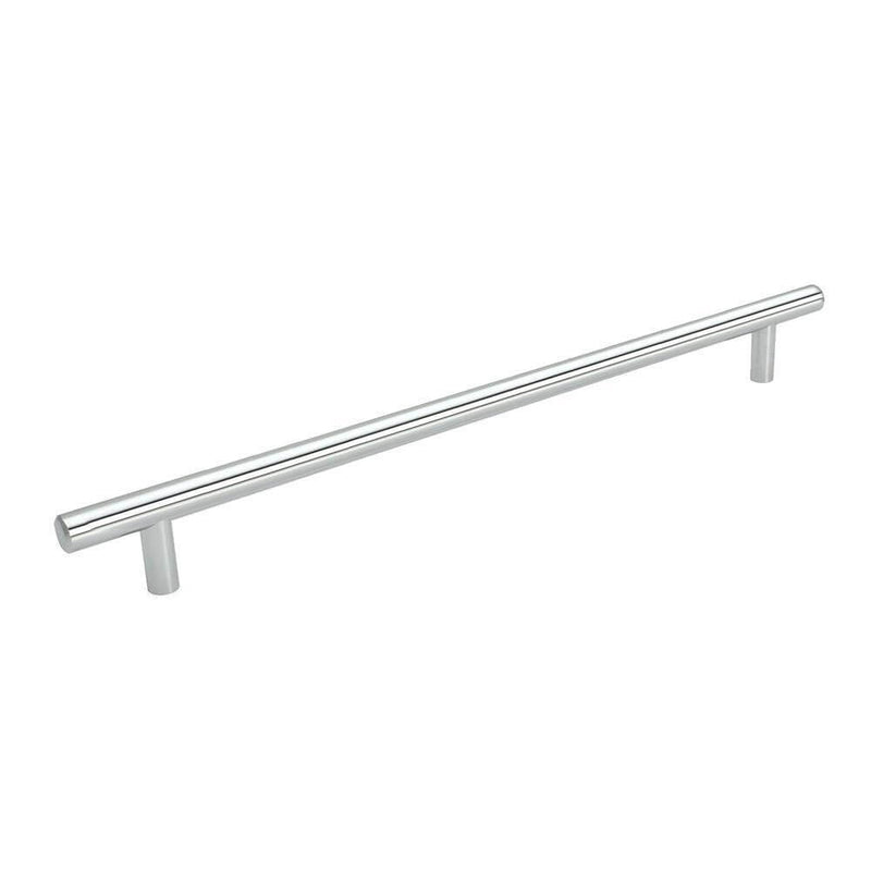 Polished chrome euro style bar pull with eighteen and seven eighths inch hole spacing