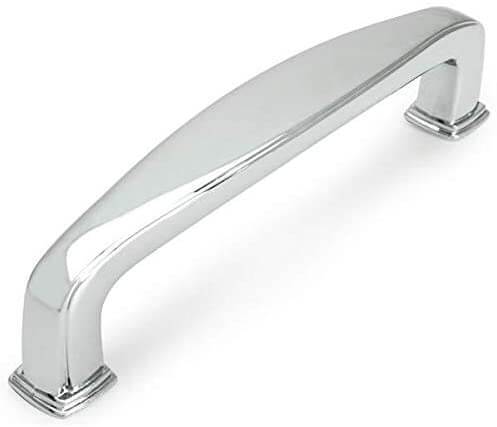 Three and a half inch hole spacing cabinet pull with a wide shape in the middle in polished chrome finish