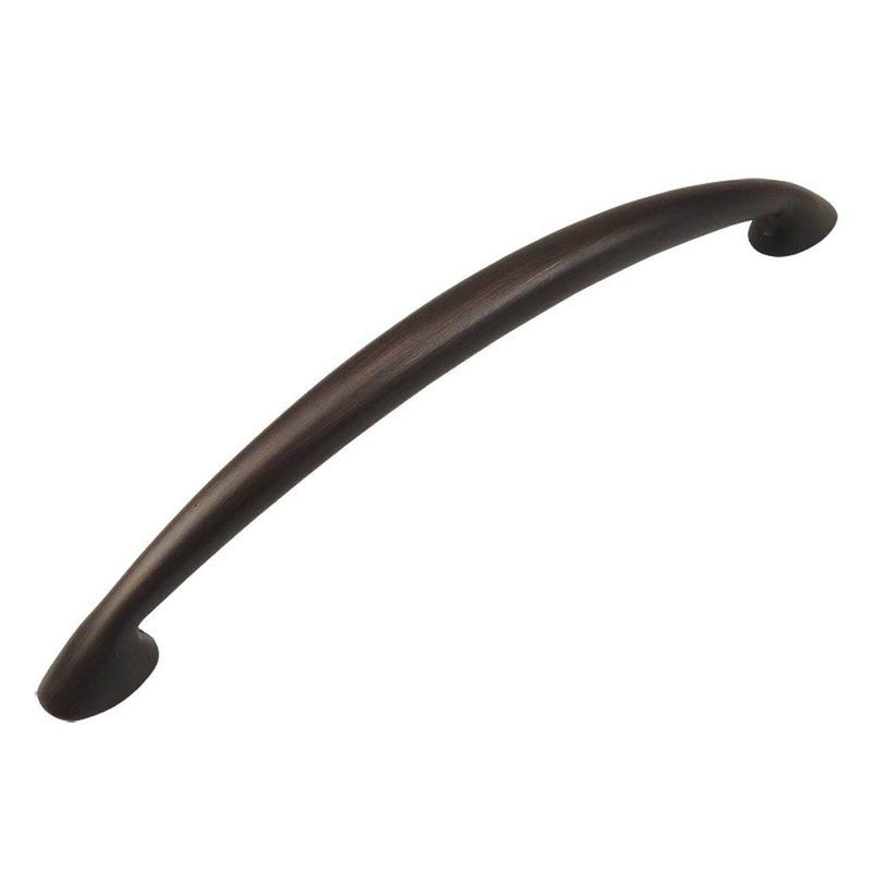 Blunt pointy cabinet handle in oil rubbed bronze finish with five inch hole spacing