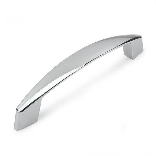 Polished chrome elongated cabinet handle with three and three quarters inch hole spacing