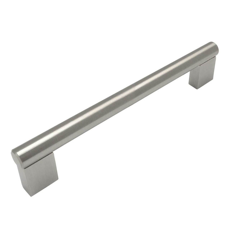 Satin nickel cabinet pull with combination of rectangular and cylinder design and six and five sixteenths inch hole spacing