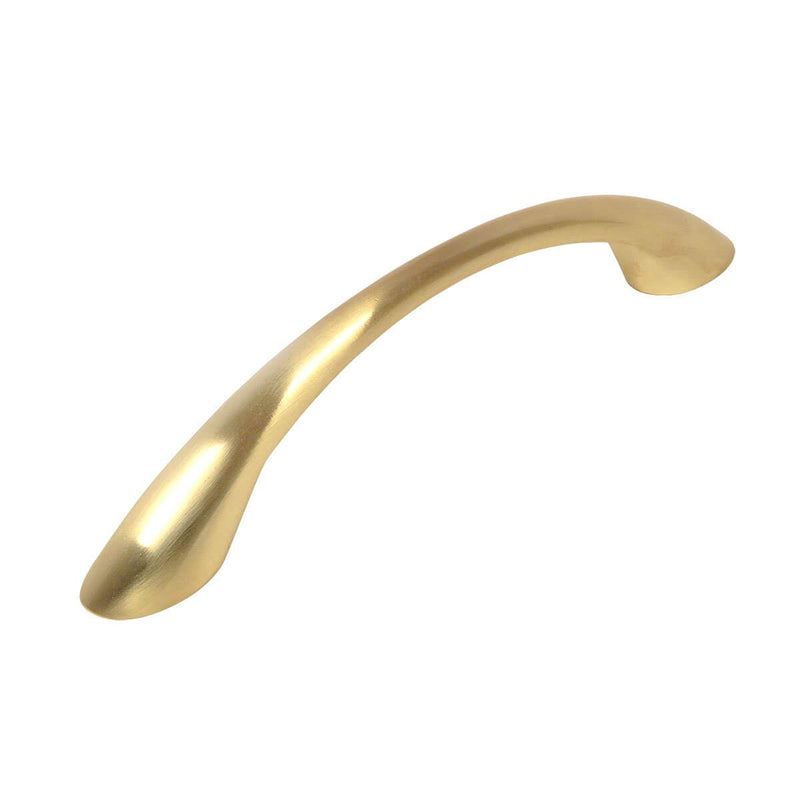 Elongated slim handle cabinet pull in brushed brass finish with three and three quarters inch hole spacing