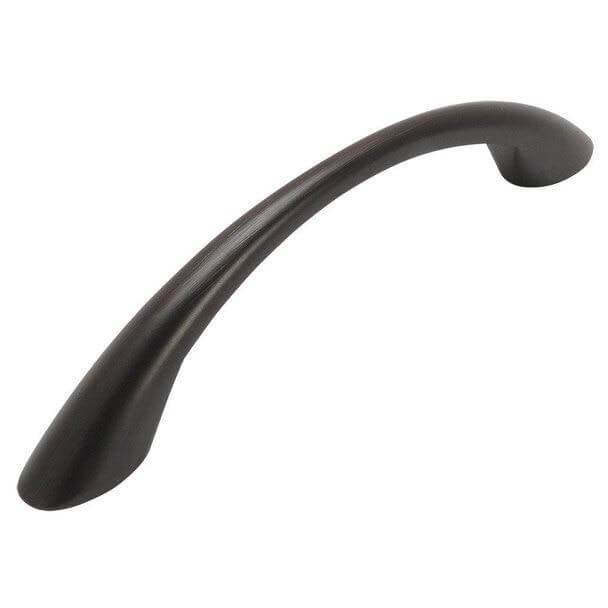 Slim elongated drawer pull with arch design and three and three quarters inch hole spacing