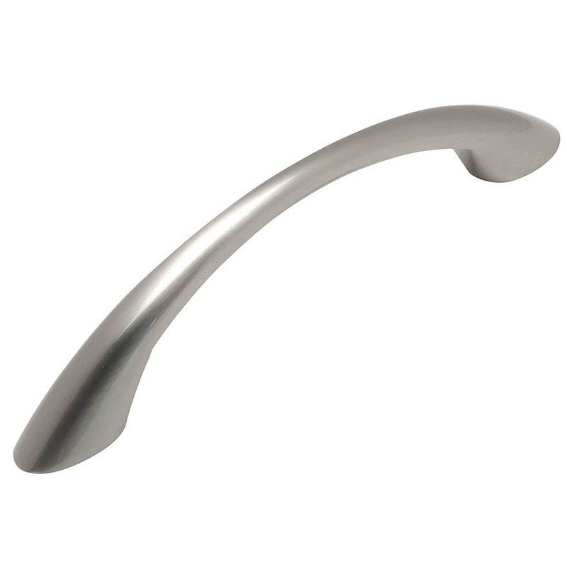 Slim arched cabinet pull in satin nickel finish with three and three quarters inch hole spacing