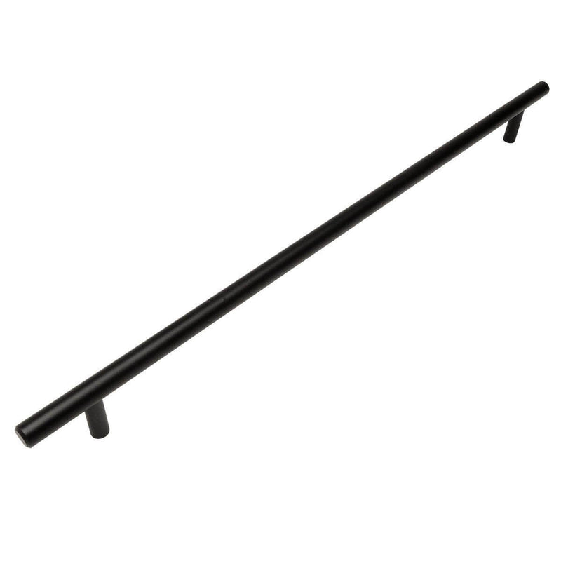 Flat black slim line euro style bar pull with twenty six and a half inch hole spacing