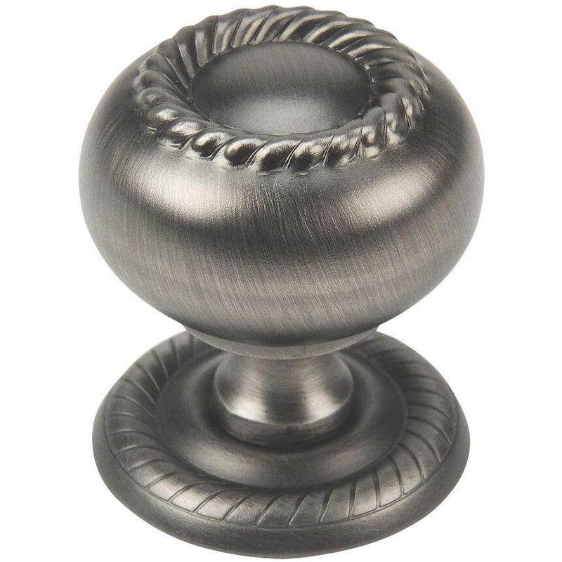 Round cabinet knob in antique silver finish with rope design on the face and on the base