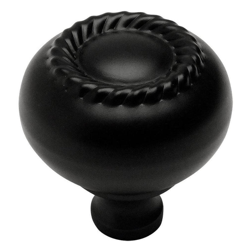Round flat black cabinet drawer knob with rope design on top