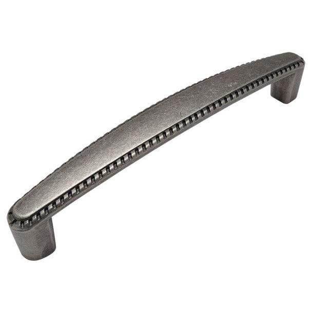 Weathered nickel drawer pull with rope engraving and five inch hole spacing