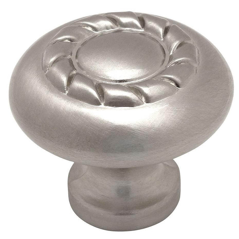 Rope drawer knob in satin nickel finish with one and three sixteenths inch diameter