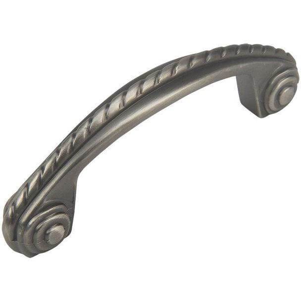 Antique silver cabinet pull with swirl design at the ends and rope engraving