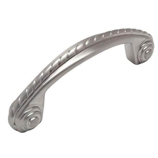 Three inch hole spacing satin nickel cabinet pull with rope design and swirl at the ends