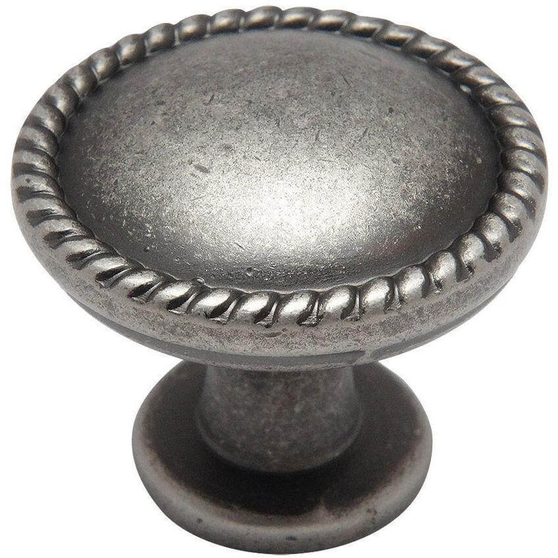 Weathered nickel round knob with rope design and one and a quarter inch diameter