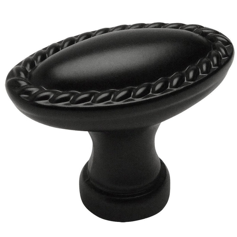 Tilted oval cabinet knob with rope design and one and three eighths inch length in oil rubbed bronze finish