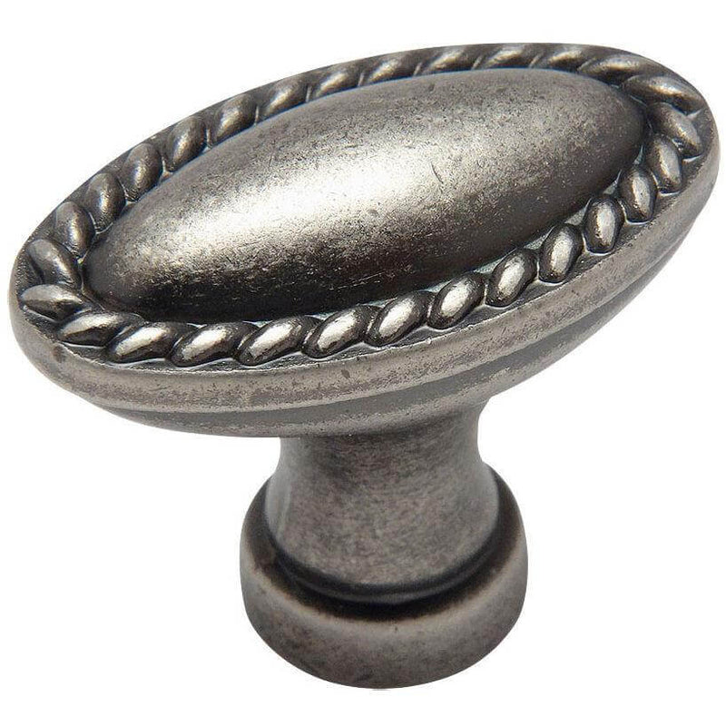 Weathered nickel oblong cabinet knob with rope design and one and three eighths inch length