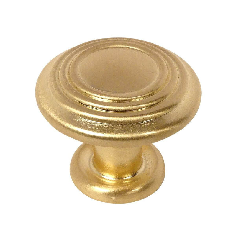 Brushed brass cabinet knob with three raised rings on the face and one and a quarter inch diameter