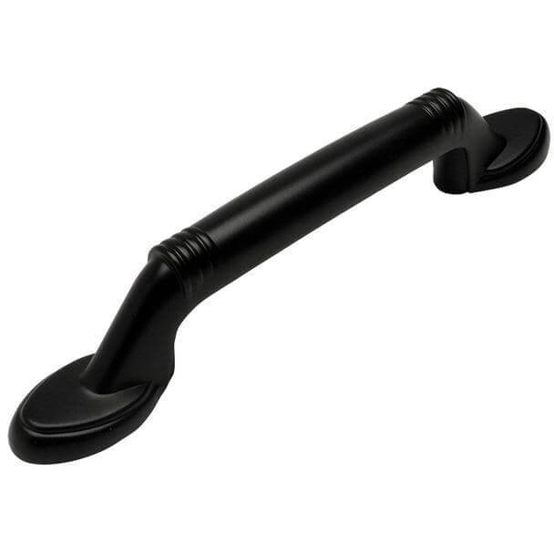 Flat black cabinet pull with lines engraved on handle and three inch hole spacing