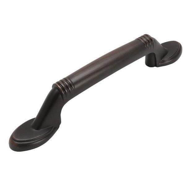 Three inch hole spacing cabinet pull with four lines engraved in oil rubbed bronze finish