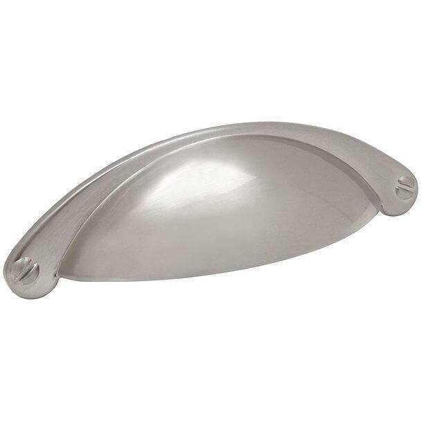 Satin nickel drawer cup pull with two and a half inch hole spacing