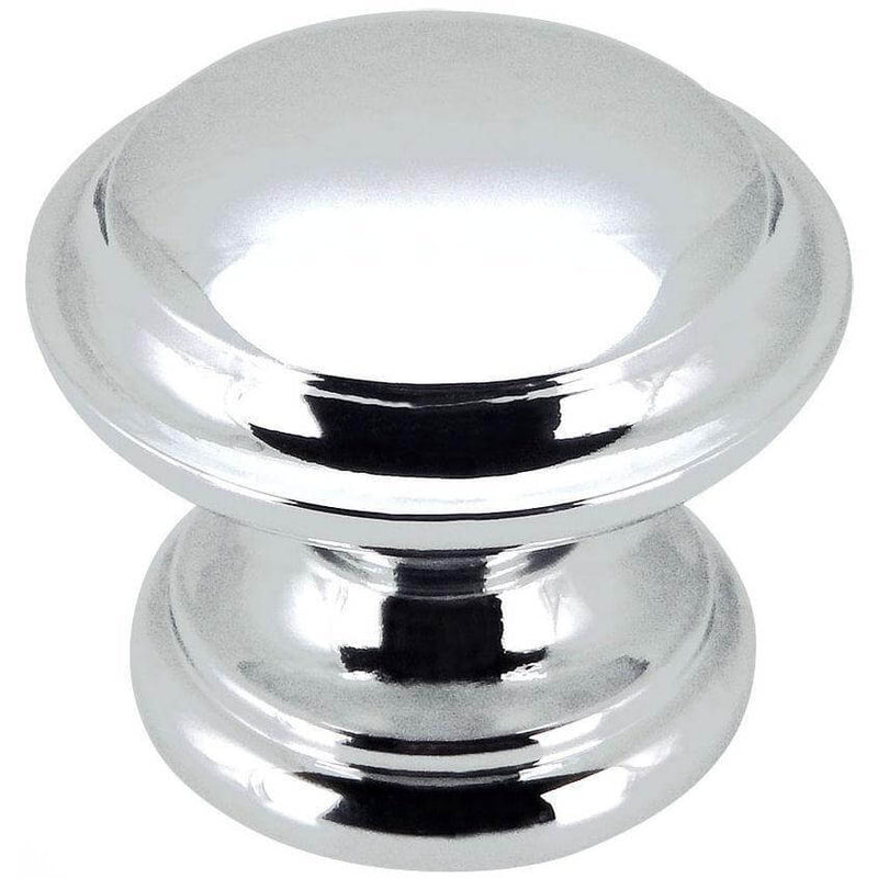 Polished chrome drawer knob with raised centre design and one and three eighths inch diameter