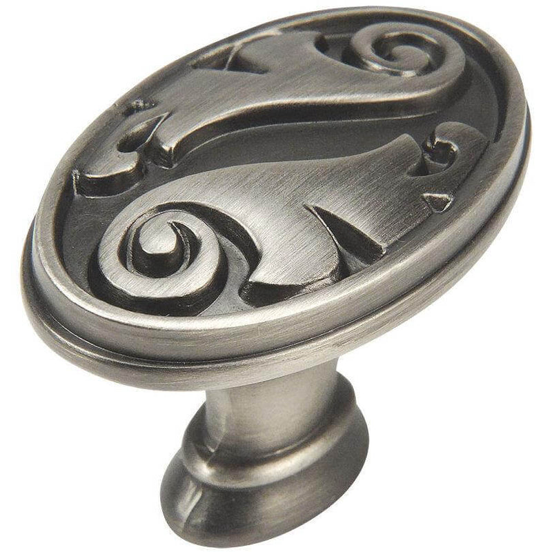Leaves engraving cabinet drawer knob in antique silver finish with oval knob and one and five eighths inch length