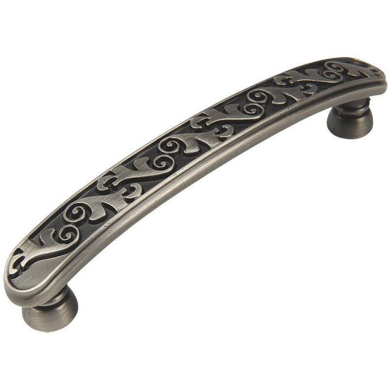 Engraved cabinet pull in antique silver finish with three and three quarters inch hole spacing