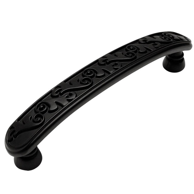 Curly engraved cabinet pull in floral design with flat black finish