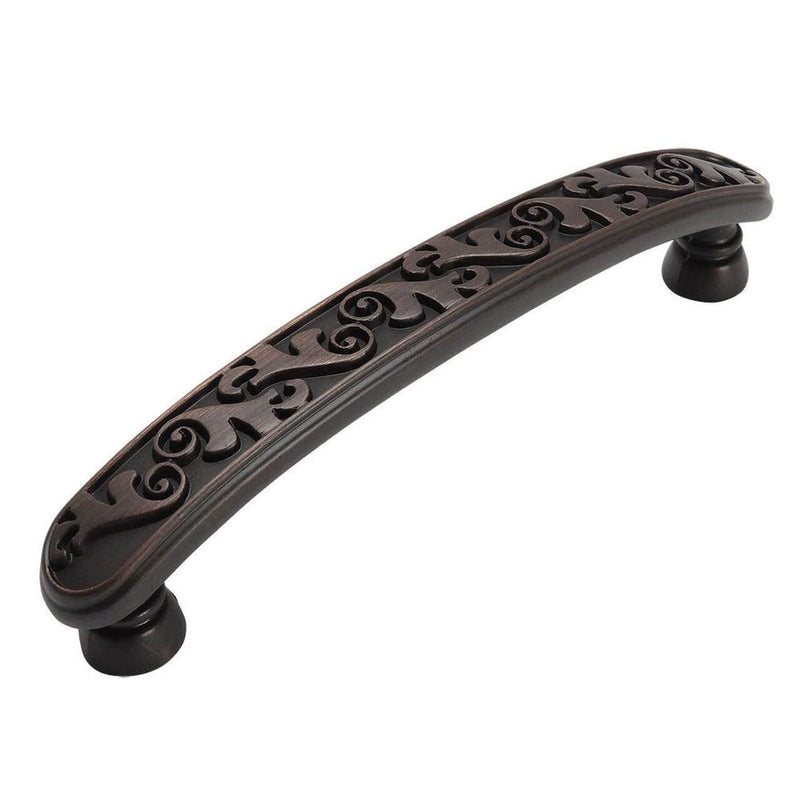 Cabinet pull with floral engraving in oil rubbed bronze finish