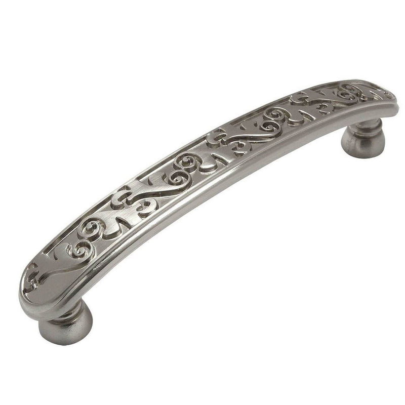 Three and three quarters inch hole spacing cabinet pull with satin nickel finish and floral engraving