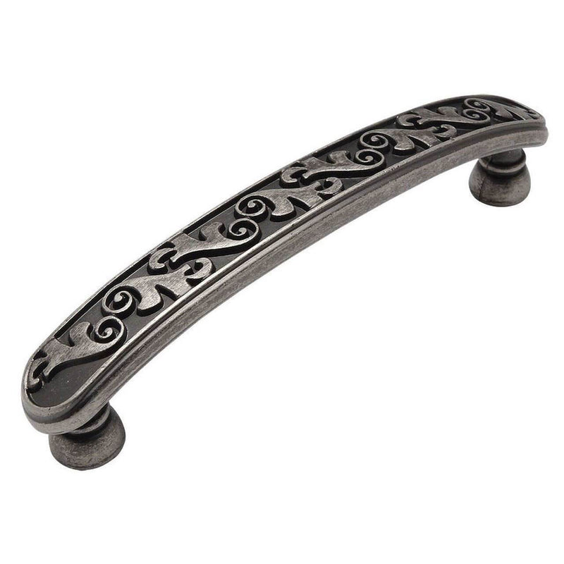 Floral engraving design cabinet pull with weathered nickel finish and three and three quarters inch hole spacing