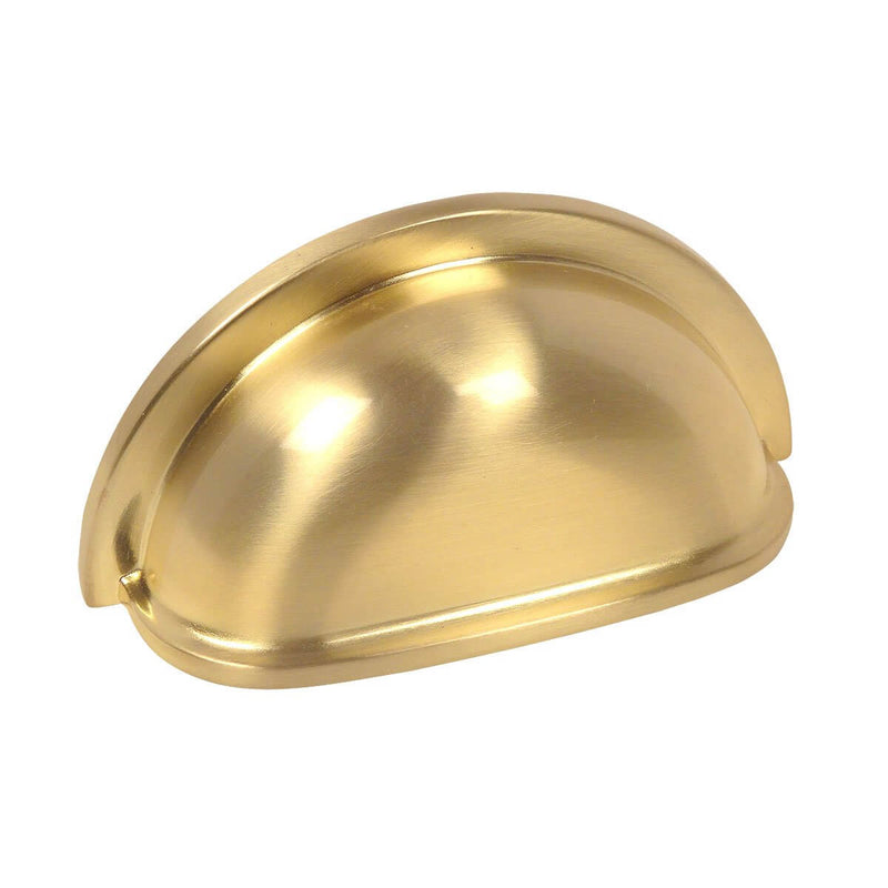 Cabinet cup pull in brushed brass finish with three inch hole spacing
