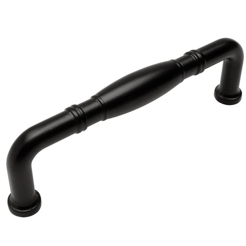 Three and three quarters inch hole spacing drawer pull in flat black finish with rings engraving and a bulge at the centre of handle