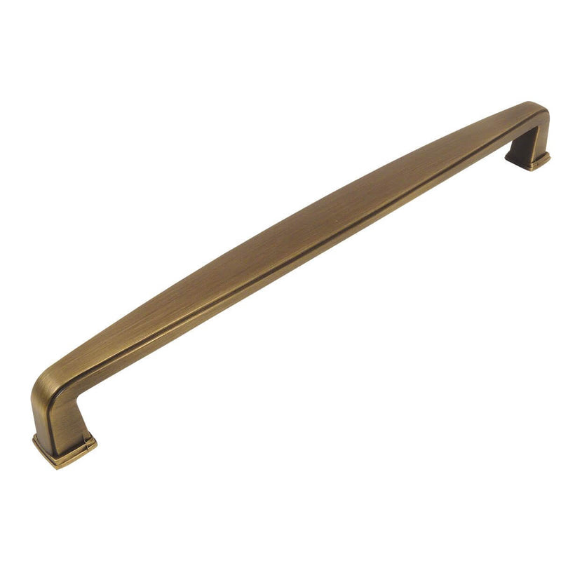 Brushed antique brass cabinet pull with a subtle wide handle and seven and a half inch hole spacing